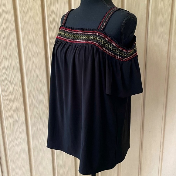 White House Black Market • Embroidered Black Tank-top Blouse Short Sleeve Top - Picture 1 of 10